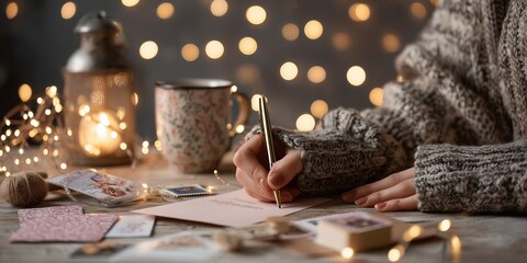Hands in knit sleeves write Christmas card with gold pen amid lantern fairy lights. Thoughtful holiday greetings, warm personal tradition vibe.