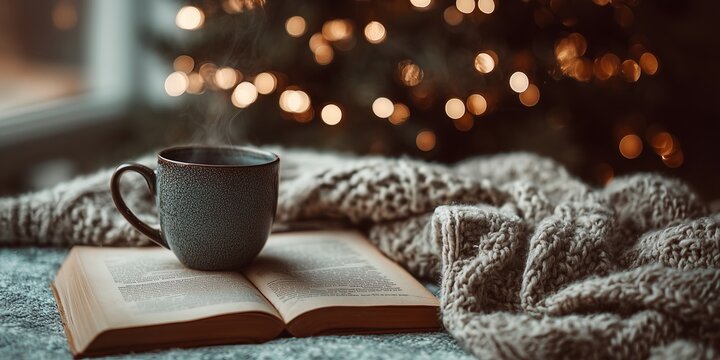 Steaming coffee mug on open book with knit blanket against blurred Christmas tree lights. Cozy hygge reading moment, warm winter evening vibe.
