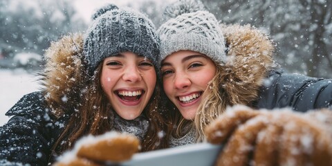 Two joyful young women in furry hooded jackets and pom-pom beanies taking selfie with phone during heavy snowfall outdoors. Fun winter friendship moment, cheerful snowy holiday vibe.