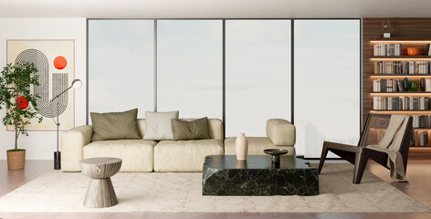 Naklejka premium Large luxury modern bright interiors Living room mockup illustration 3D rendering image