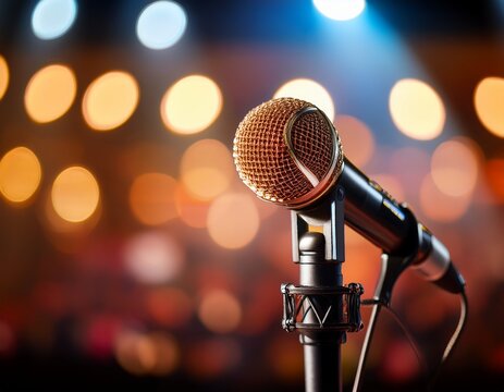 close up of a microphone on a stand blurred stage lights in the background - Powered by Adobe