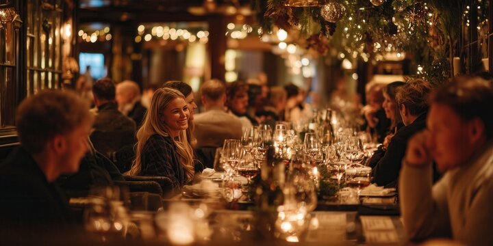 Large group of people gathered around a long festive table in warm restaurant lighting. Celebrating Christmas with friends or coworkers, sharing food, laughter, and connection. - Powered by Adobe