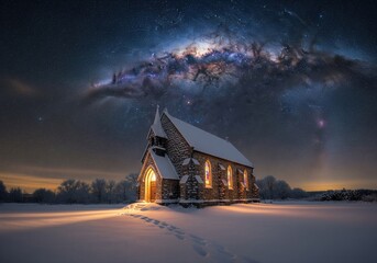 Magical winter night scene with a snow-covered church under a brilliant galaxy sky