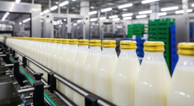 Glass bottles filled with milk move along automated conveyor in modern dairy production facility. Clean industrial environment and food packaging process visible - Powered by Adobe