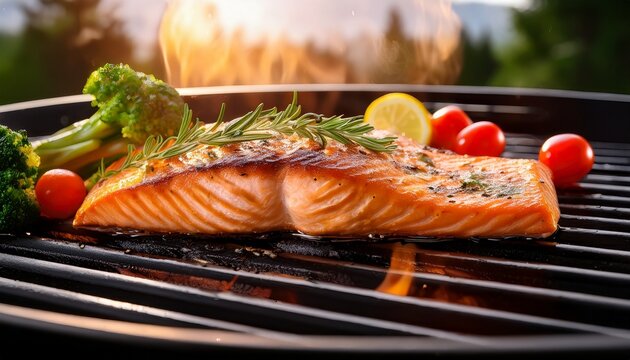 salmon fillet cooked on a grill accompanied by fresh veggies