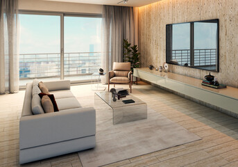 Naklejka premium Large luxury modern bright interiors Living room mockup illustration 3D rendering image