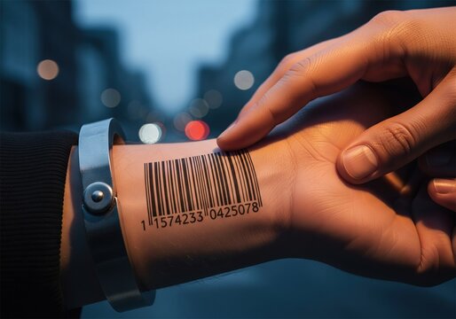Future technology concept person with barcode tattoo on wrist, symbolizing identity and data tracking in modern society.