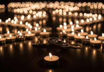 Dozens of glowing tea light candles create a warm, inviting ambiance with a pair of keys in the background