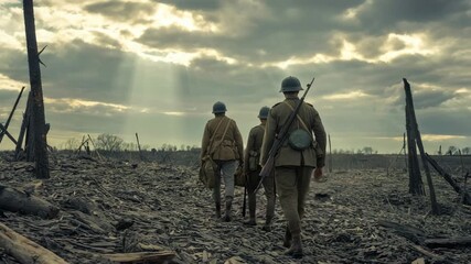 Powerful video clip of soldiers marching across a destroyed landscape, evoking themes of resilience, conflict, and remembrance during wartime
