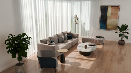 Naklejka premium Large luxury modern bright interiors Living room mockup illustration 3D rendering image