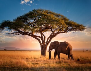 Fototapeta premium majestic elephant stands beneath a large ancient tree in a serene open savanna landscape