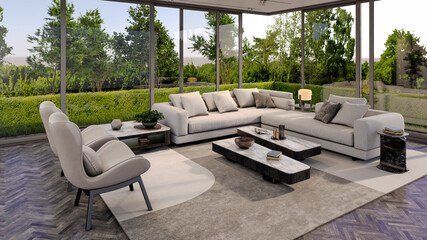 Naklejka premium Large luxury modern bright interiors Living room mockup illustration 3D rendering image