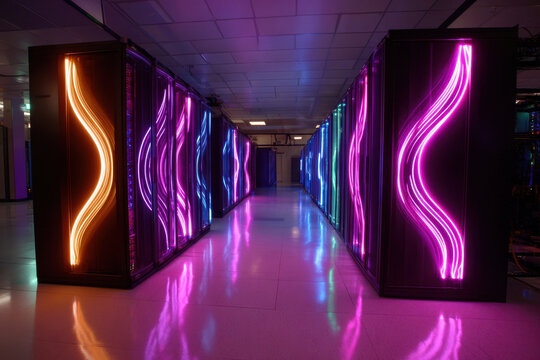 Row of black computer servers in a data center with glowing lighting