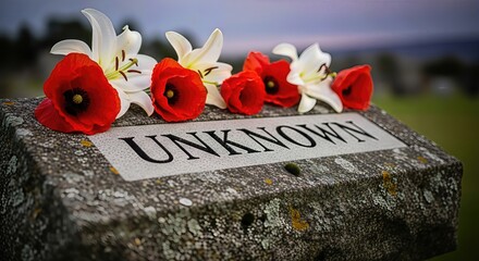 Weathered stone grave marker displays 'UNKNOWN' inscription, adorned with bright red poppies and pristine white lilies. This solemn memorial remembers unidentified souls, 