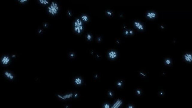 Beautiful shining magical blue snowflakes swirling gently falling down. Winter Christmas animated background. 4K 3d animation. Bokeh light lights effect background. Glowing sparkles