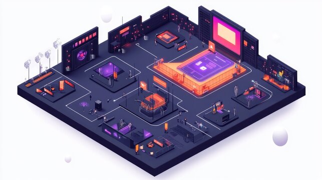 An isometric illustration of a vibrant gaming arena with players competing on a stage surrounded by screens and audience seating in a dark colorful environment from an aerial viewpoint.