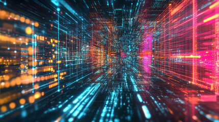 Abstract data streams cross a digital grid forming vibrant flowing connections representing information flow futuristic technology network communication and dynamic cyber visualization in 3D space