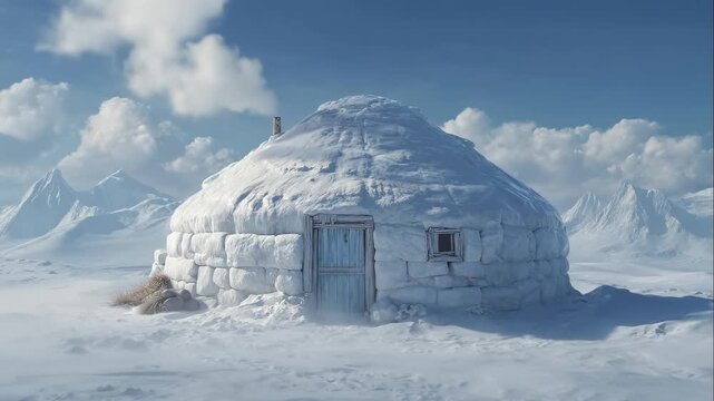 Traditional igloo‑style winter shelter on vast arctic tundra, built from packed snow blocks with wooden door and chimney steam, symbol of survival, indigenous architecture and remote polar living