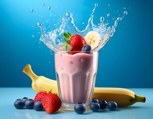 vibrant fruit smoothie with splashing liquid showcasing a medley of banana strawberry and blueberry in a glass cup against a soft blue background