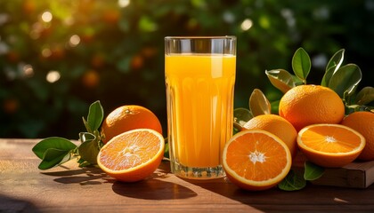 a glass of fresh orange juice sits alongside sliced oranges and whole oranges bathed in warm sunlight