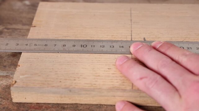 Gros plan sur menuisier en train de tracer un trait avec un crayon et une r&egrave;gle sur une planche de bois.