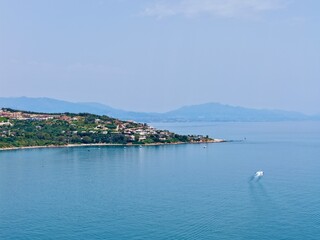 Fototapeta premium aerial view of the bay near Torreguadiaro towards the Punta Chullera near Manilva, Cadiz, Malaga, Costa del Sol, Andalusia, Spain