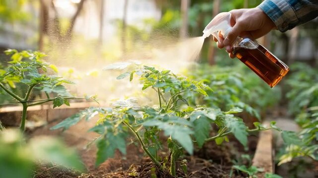 Organic gardener placing neem oil solution on tomato plants promoting safe and sustainable pest deterrence in home gardening.