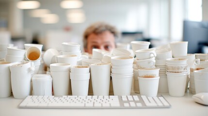 Cluttered desk with empty coffee cups and tired worker