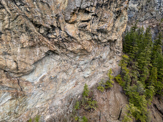 Steep Rocky Cliff Overlook With Pine Forest Along Rugged Mountain Slope