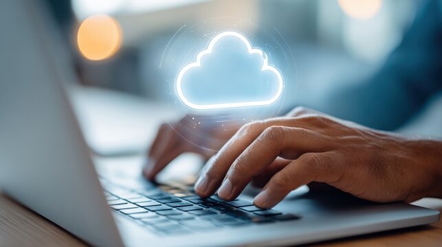 Cloud computing concept with laptop and user typing - Powered by Adobe
