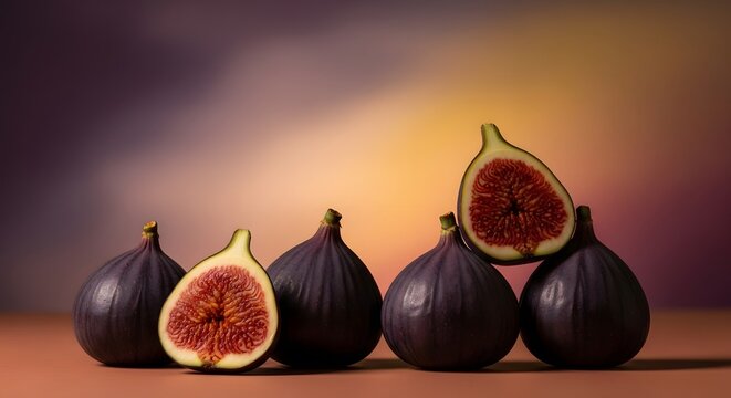 A group of figs with two cut open against a colorful backdrop - Powered by Adobe