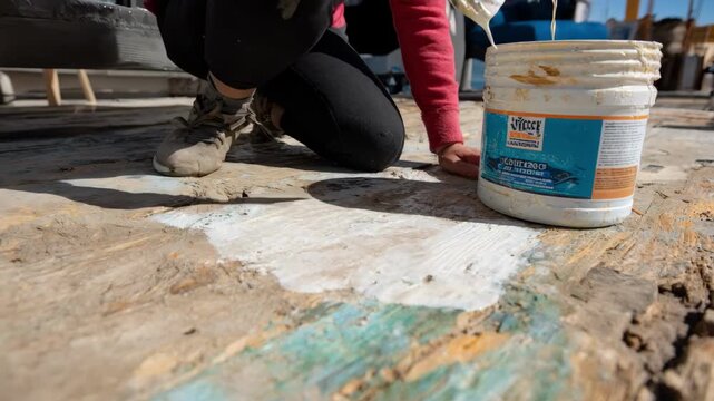 Medium shot capturing a homeowner correcting a common wood preservation mistake by reapplying protective coating to an uneven surface.