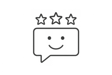 Customer feedback icon showing a smiling face in a speech bubble with three rating stars, transparent background