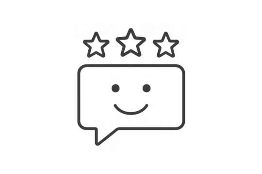 Customer feedback icon showing a smiling face in a speech bubble with three rating stars, transparent background