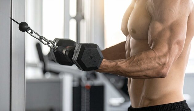 The image depicts a muscular man weight training with dumbbells connected to a cable machine. The focus of the image is on his well-defined abdominal muscles, biceps, and shoulders.s - Powered by Adobe