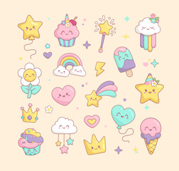 Cute set of kawaii style rainbow, cupcake, ice cream, magic wand, princess crown, cute desserts characters. Hand drawn kawaii stickers pack or pattern for kids design, print fabric	
