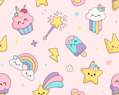 Kawaii Seamless Pattern of rainbow, cupcake, cute ice cream, magic wand, princess crown, cute desserts characters. Hand drawn Birthday or Pajamas pattern in kawaii style for baby kids design