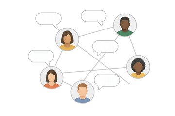 Diverse people communicating through a social network or online community system, connecting with speech bubbles, transparent background
