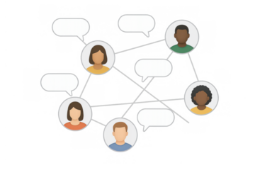 Diverse people communicating through a social network or online community system, connecting with speech bubbles, transparent background