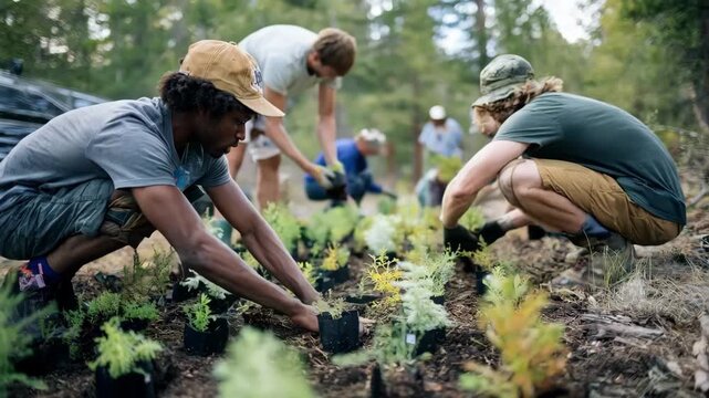 Medium shot of volunteers working in a community native plant nursery emphasizing collective efforts in conserving diverse ecosystems. - Powered by Adobe