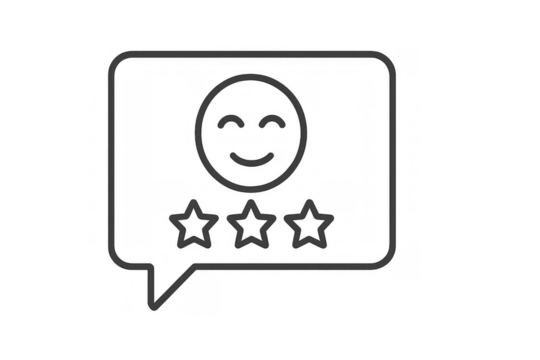 Customer satisfaction and positive review concept with happy face emoji and three stars line icon in speech bubble