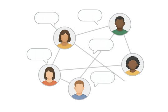 Diverse people communicating through a social network or online community system, connecting with speech bubbles, transparent background