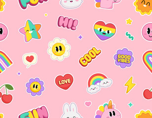 Cute Rainbow Kawaii seamless pattern. Adorable kawaii signs with rainbow unicorn, hearts, happy bunny and good vibes quotes. Bright and fun pink vector background