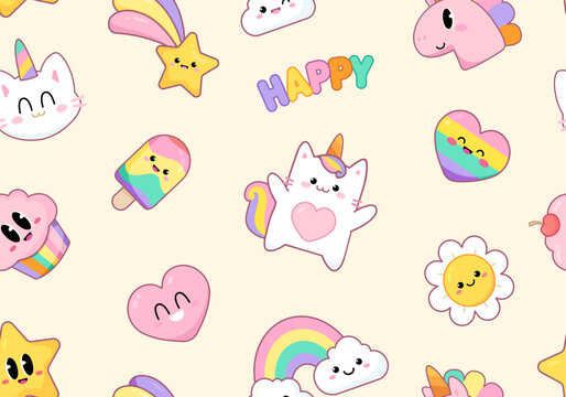 Cute Pajamas Seamless Pattern wth Kat Unicorn with funny rainbows characters. Hand drawn Birthday pattern in kawaii style for baby kids design, print fabric 