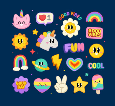 Cute Stickers with Pony Unicorn, funny Cat Unicorn (collection 5). Cool Y2k stickers set of cartoon signs and Kawaii emoticons for kids print and clothing design. Funny cartoon vector icons