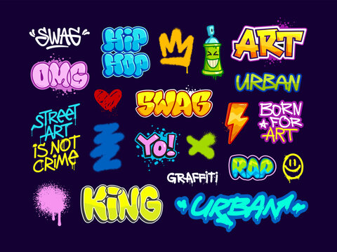Set of Graffiti words and Street Art with abstract doodle vector elements. Bright Street Art colorful words and quotes: SWAG, King, Graffiti, Rap music and Hip-Hop grunge elements