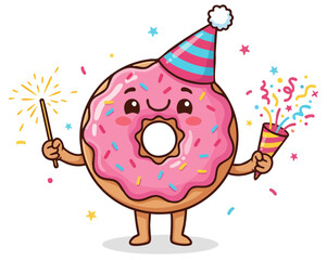 Party donut character vector illustration. Celebration ring, Birthday sprinkles. Doughnut delight, pink popper. Glazed goodness. Donut mascot features bright pink icing and colorful sprinkles
