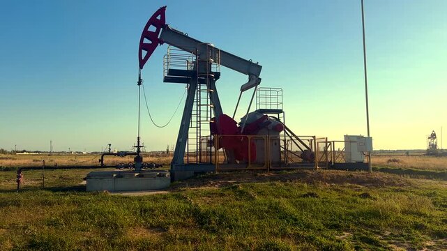 Oil Pump Jack Operates on Beautiful Sunset at Oil Field in Industrial Area. Crude pump jack working on sunrise in oil field. Oil drill rig, drilling derrick in oilfield. Crude petroleum industry. 