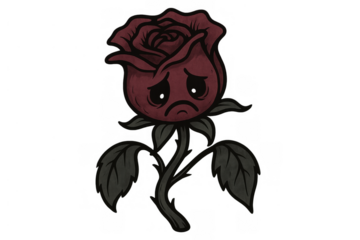 Cartoon drawing of a solitary sad rose with a face showing sorrow and sadness, representing heartbreak, design element