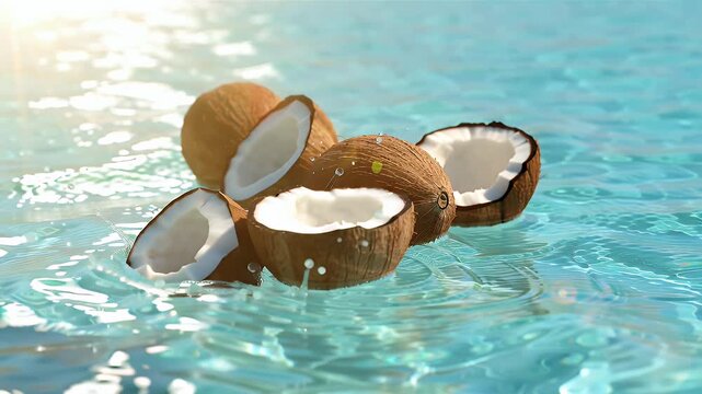 Two Hollow Coconut Shells Float as Makeshift Pool Floats with Snorkeling Goggles in a Sunlit Turquoise Pool